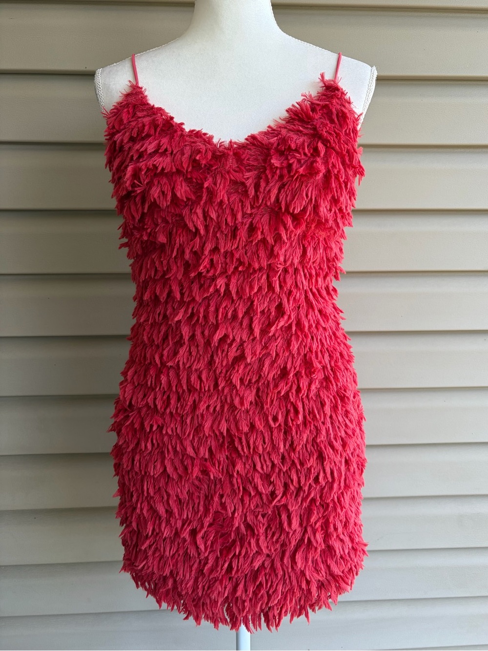 •PRETTY GARBAGE• NWT Shaggy Fringe Coral Red Mini Dress - Size Medium